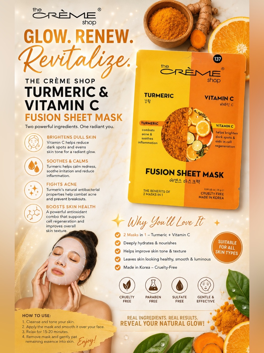 The Creme Shop Turmeric & Vitamin C Fusion Sheet Mask NIP Per One 1️⃣